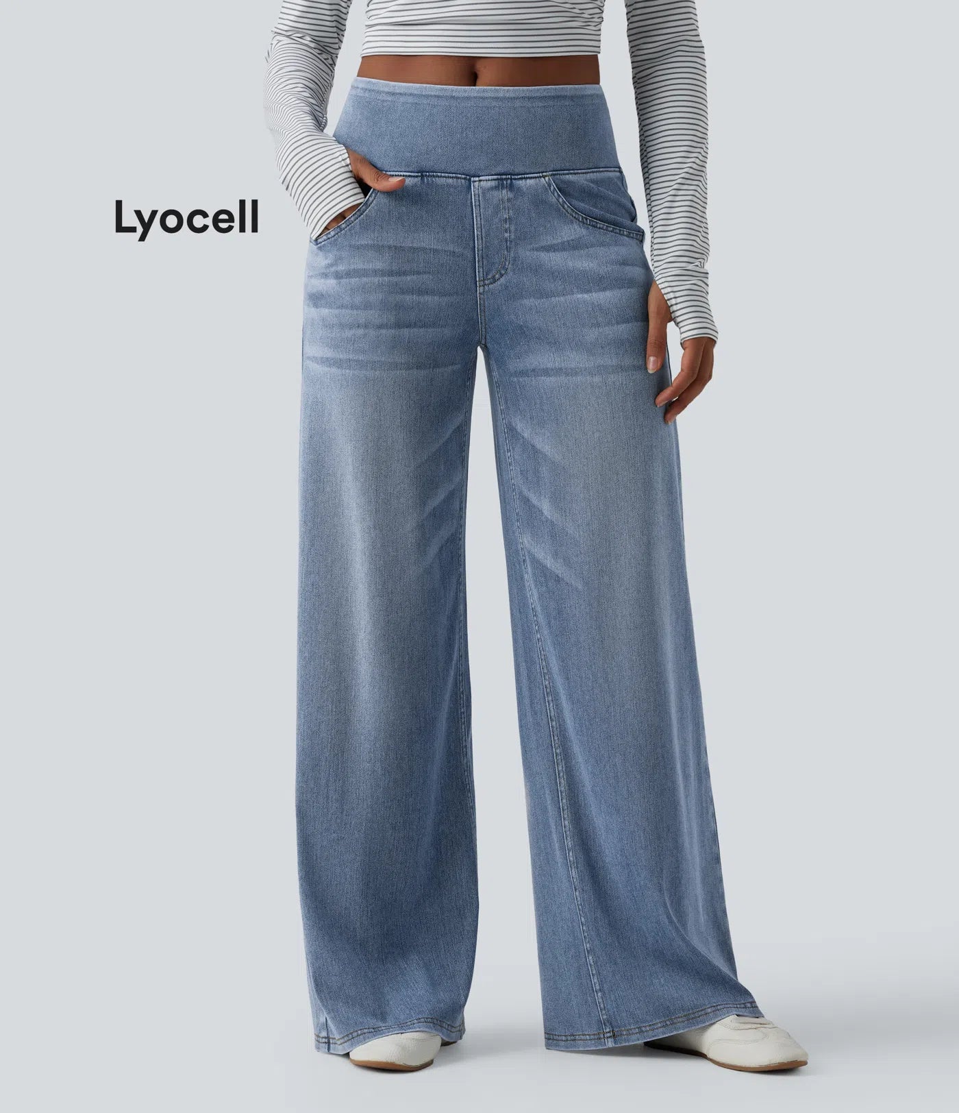 Halara Flex™ jeans de tiro medio, drapeados y lavados, estilo casual, holgados de pierna ancha con bolsillos