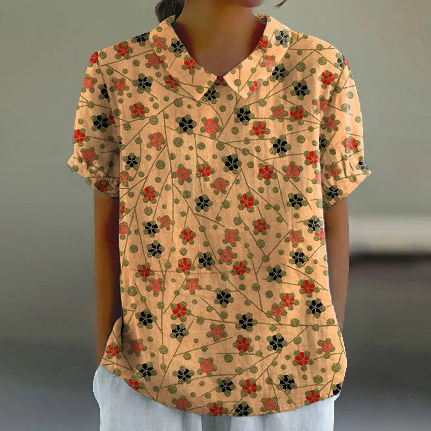 2025 Blusa de verano para mujer, camiseta informal de manga corta con estampado, blusa con cuello de solapa, blusas con botones de tendencia a la moda para mujer