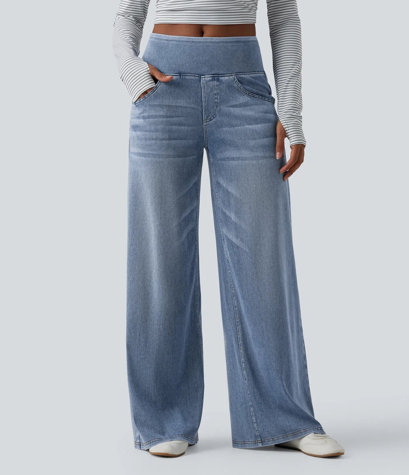 Halara Flex™ jeans de tiro medio, drapeados y lavados, estilo casual, holgados de pierna ancha con bolsillos