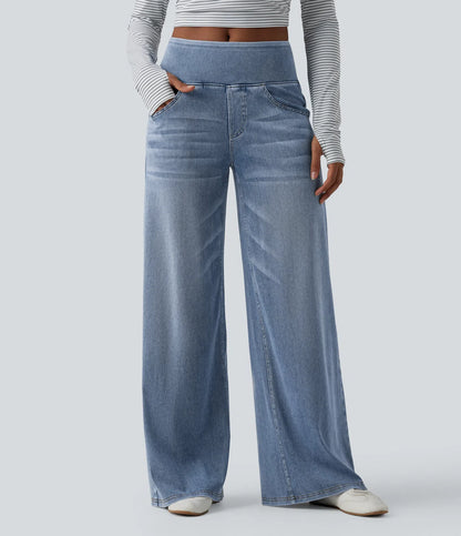 Halara Flex™ jeans de tiro medio, drapeados y lavados, estilo casual, holgados de pierna ancha con bolsillos