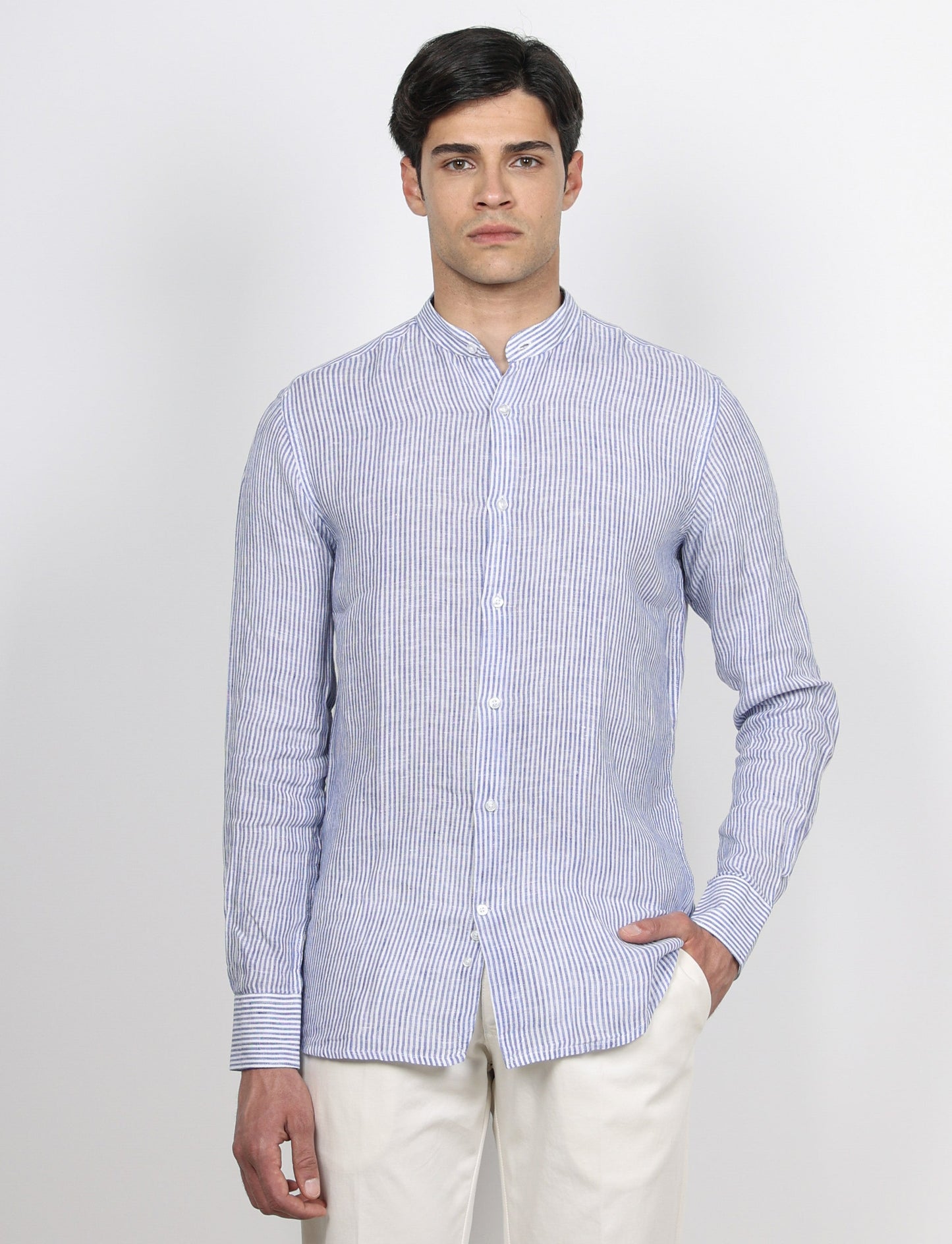 Camicia in lino collo alla coreana a righe