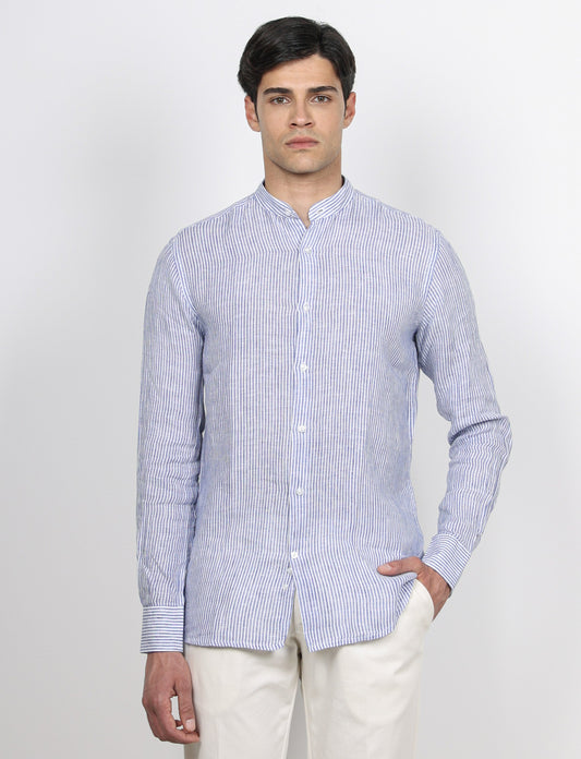 Camicia in lino collo alla coreana a righe