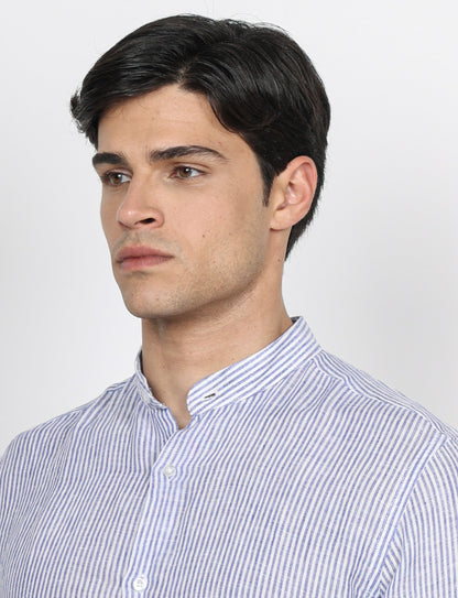 Camicia in lino collo alla coreana a righe