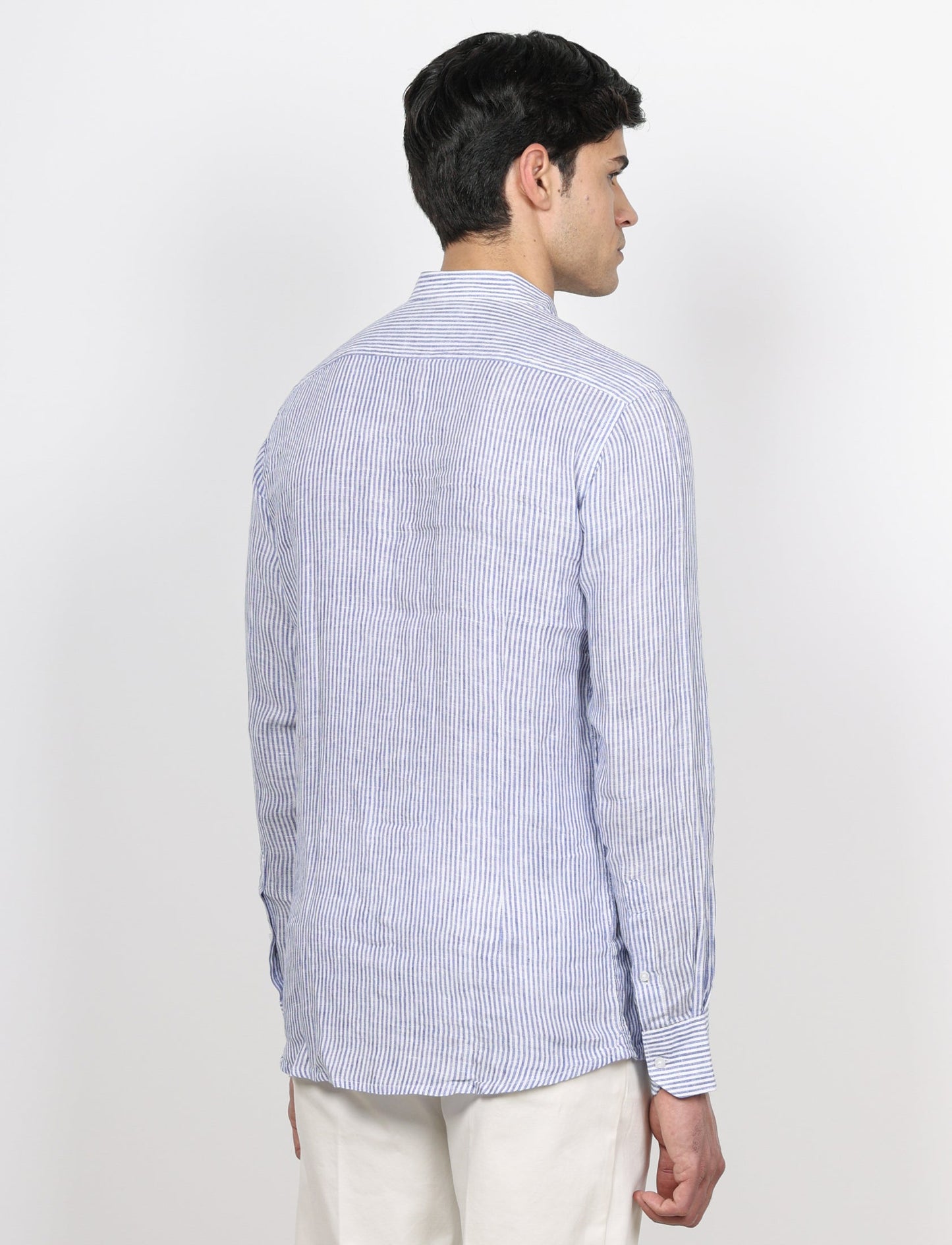 Camicia in lino collo alla coreana a righe