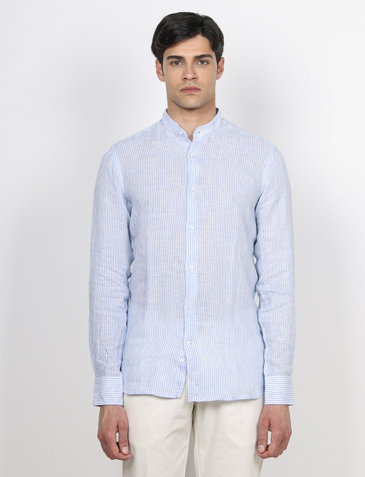 Camicia in lino collo alla coreana a righe