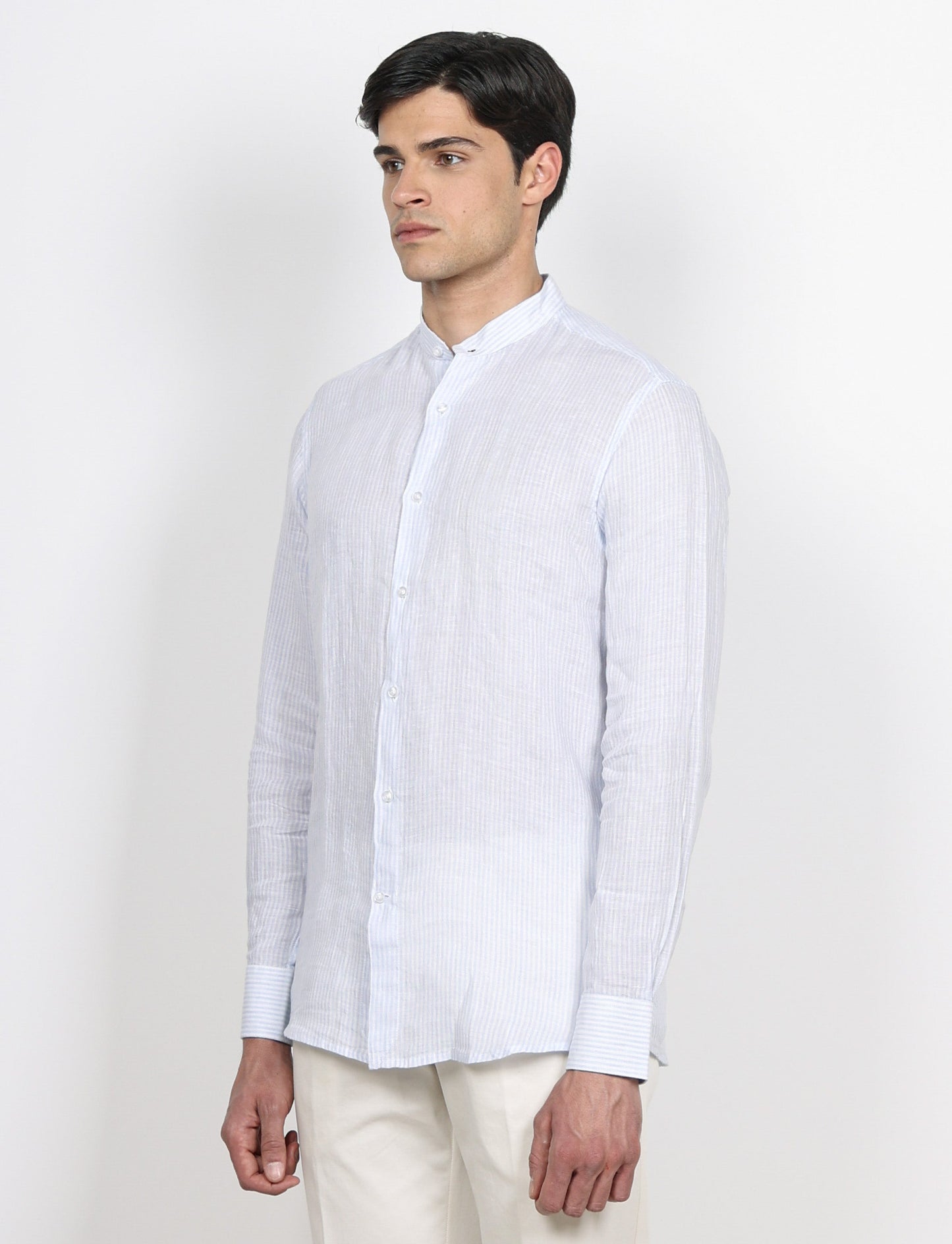 Camicia in lino collo alla coreana a righe