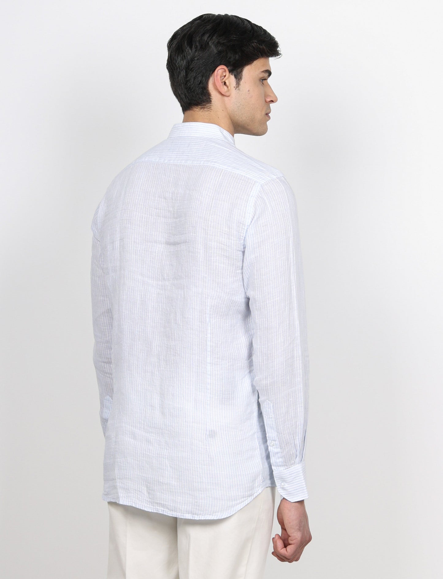 Camicia in lino collo alla coreana a righe