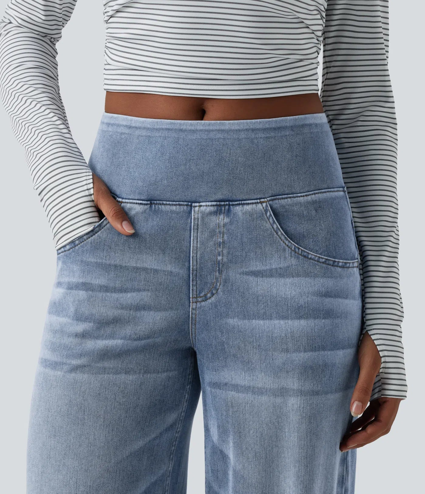 Halara Flex™ jeans de tiro medio, drapeados y lavados, estilo casual, holgados de pierna ancha con bolsillos