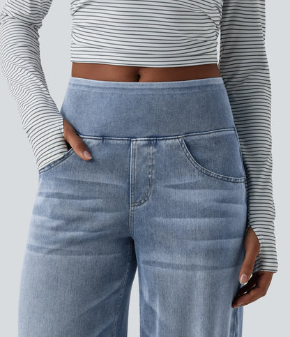 Halara Flex™ jeans de tiro medio, drapeados y lavados, estilo casual, holgados de pierna ancha con bolsillos