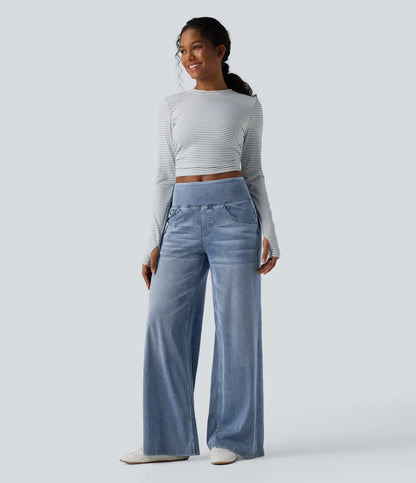 Halara Flex™ jeans de tiro medio, drapeados y lavados, estilo casual, holgados de pierna ancha con bolsillos