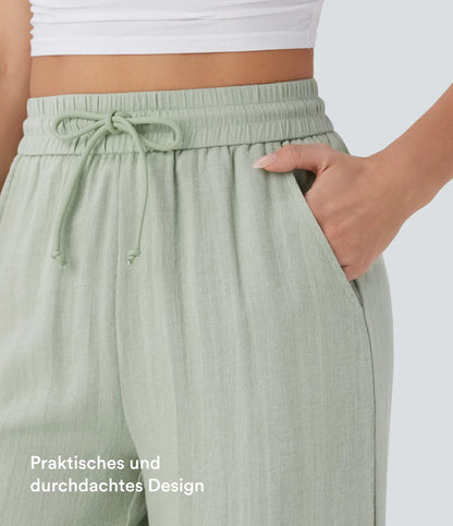 Pantalones Casuales de Cintura Alta con Cordón y Bolsillos, Estilo Lino, Pierna Ancha