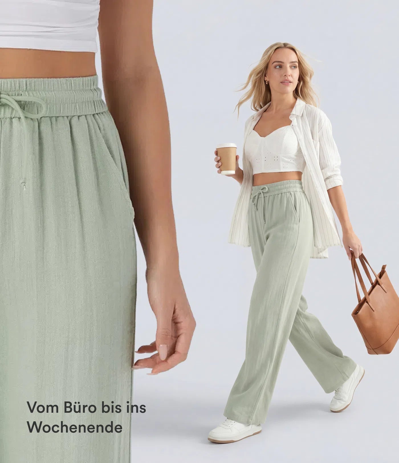 Pantalones Casuales de Cintura Alta con Cordón y Bolsillos, Estilo Lino, Pierna Ancha