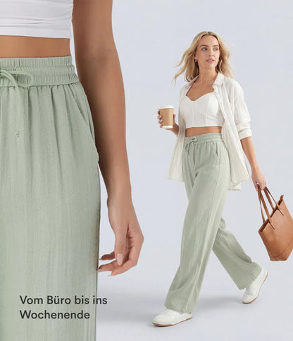 Pantalones Casuales de Cintura Alta con Cordón y Bolsillos, Estilo Lino, Pierna Ancha