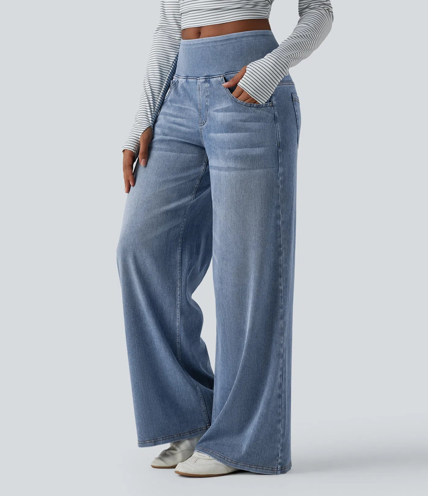 Halara Flex™ jeans de tiro medio, drapeados y lavados, estilo casual, holgados de pierna ancha con bolsillos