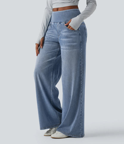 Halara Flex™ jeans de tiro medio, drapeados y lavados, estilo casual, holgados de pierna ancha con bolsillos