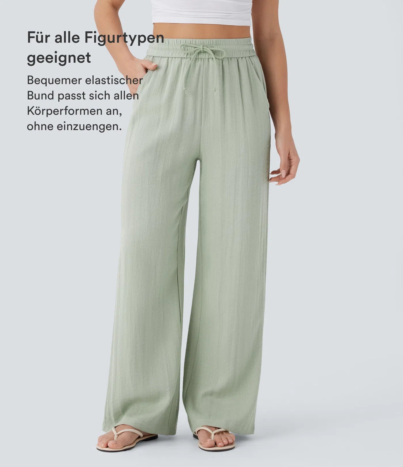 Pantalones Casuales de Cintura Alta con Cordón y Bolsillos, Estilo Lino, Pierna Ancha