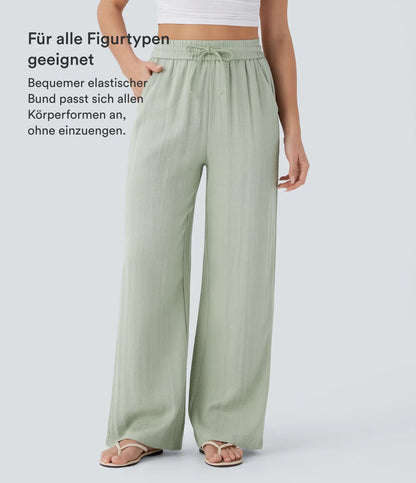 Pantalones Casuales de Cintura Alta con Cordón y Bolsillos, Estilo Lino, Pierna Ancha