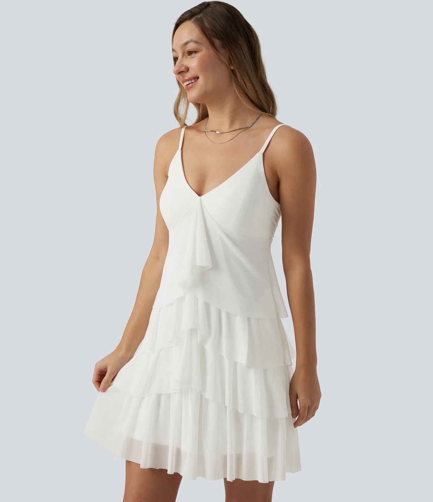 Vestido slip mini casual de capas con espalda descubierta cruzada, sobrecapa de malla, sujetador integrado y bolsillos
