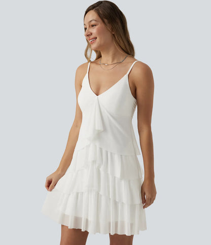 Vestido slip mini casual de capas con espalda descubierta cruzada, sobrecapa de malla, sujetador integrado y bolsillos