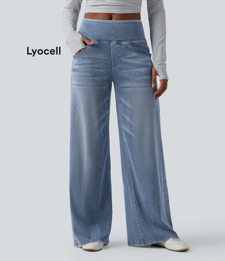 Halara Flex™ jeans de tiro medio, drapeados y lavados, estilo casual, holgados de pierna ancha con bolsillos