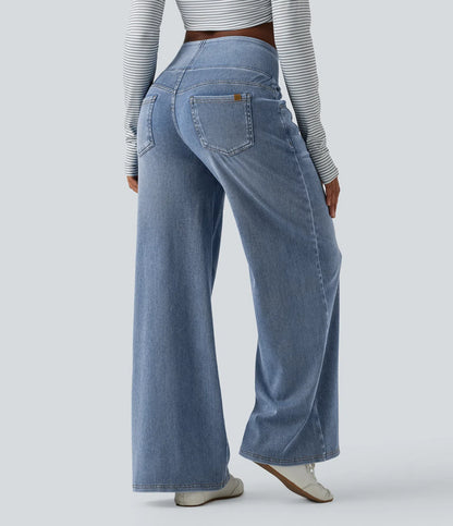Halara Flex™ jeans de tiro medio, drapeados y lavados, estilo casual, holgados de pierna ancha con bolsillos