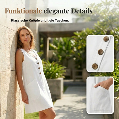 👗Einfarbiges, ärmelloses Baumwoll-Leinen-Kleid mit U-Ausschnitt für Damen