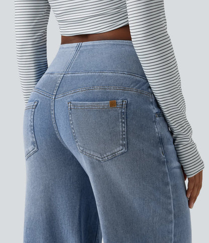 Halara Flex™ jeans de tiro medio, drapeados y lavados, estilo casual, holgados de pierna ancha con bolsillos