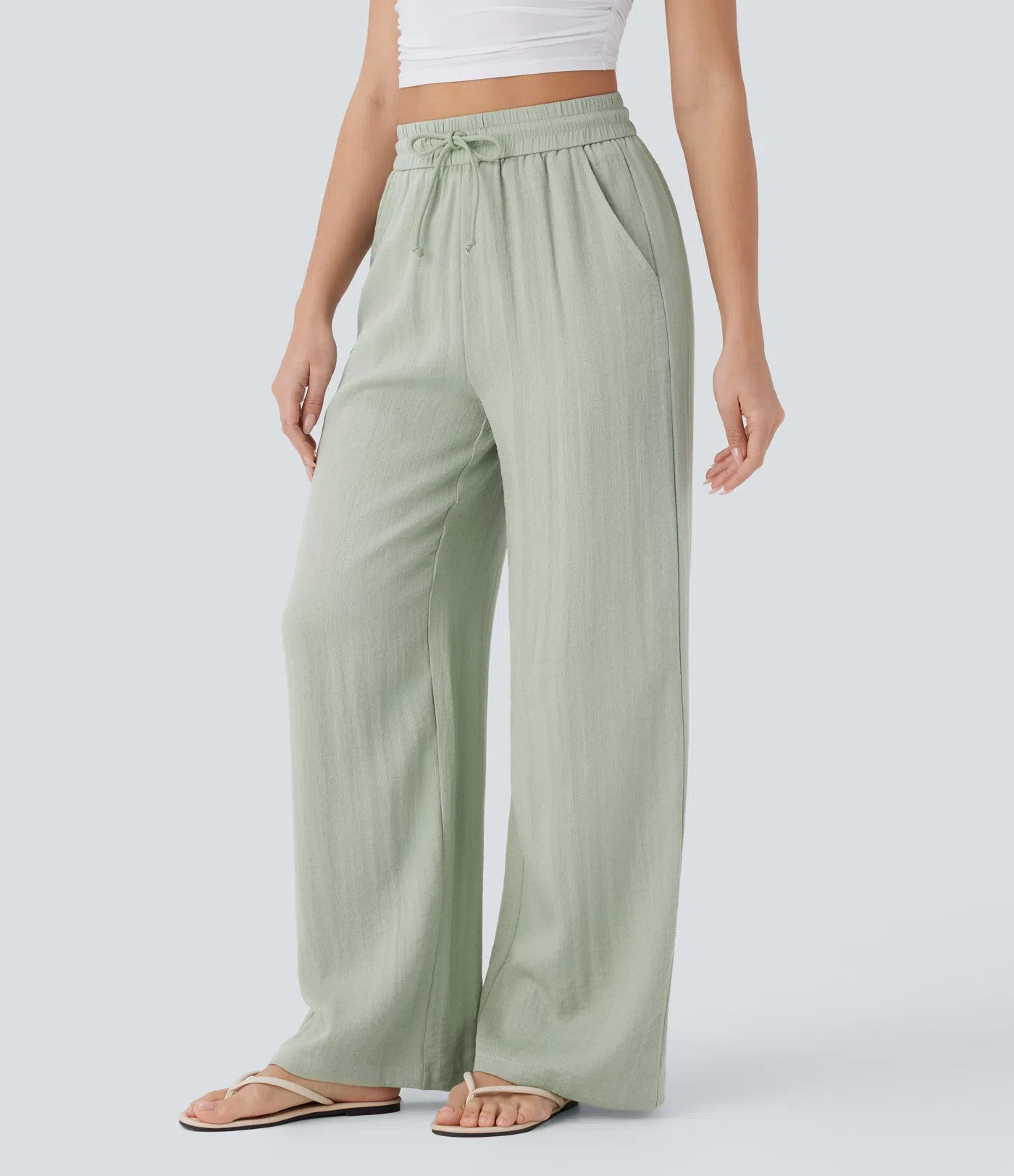 Pantalones Casuales de Cintura Alta con Cordón y Bolsillos, Estilo Lino, Pierna Ancha
