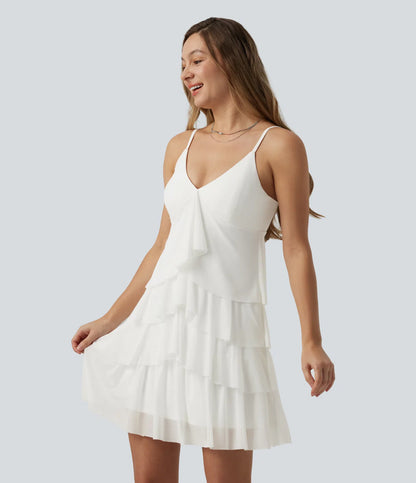 Vestido slip mini casual de capas con espalda descubierta cruzada, sobrecapa de malla, sujetador integrado y bolsillos
