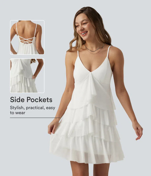 Vestido slip mini casual de capas con espalda descubierta cruzada, sobrecapa de malla, sujetador integrado y bolsillos