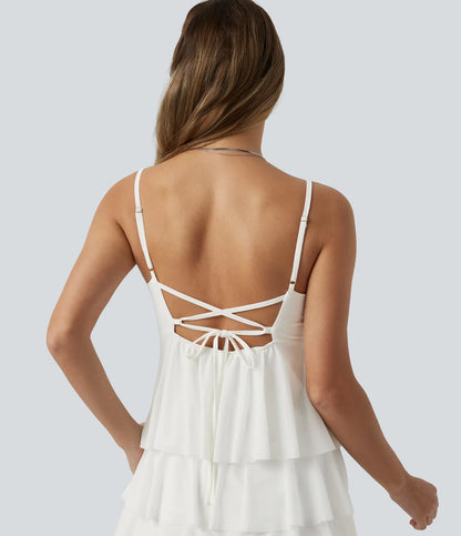 Vestido slip mini casual de capas con espalda descubierta cruzada, sobrecapa de malla, sujetador integrado y bolsillos
