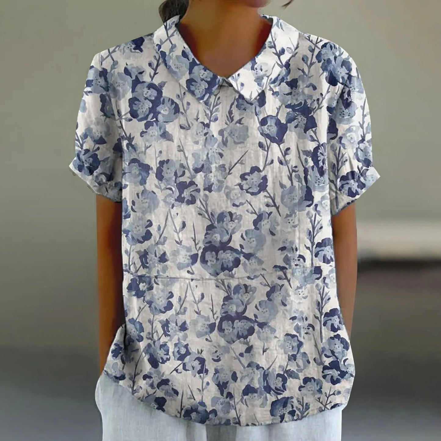 2025 Blusa de verano para mujer, camiseta informal de manga corta con estampado, blusa con cuello de solapa, blusas con botones de tendencia a la moda para mujer
