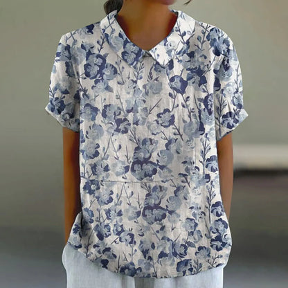 2025 Blusa de verano para mujer, camiseta informal de manga corta con estampado, blusa con cuello de solapa, blusas con botones de tendencia a la moda para mujer