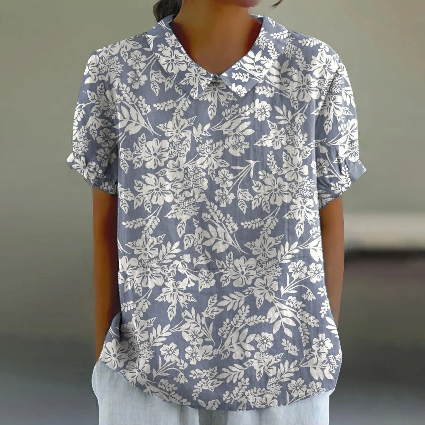 2025 Blusa de verano para mujer, camiseta informal de manga corta con estampado, blusa con cuello de solapa, blusas con botones de tendencia a la moda para mujer