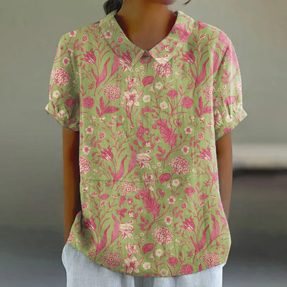 2025 Blusa de verano para mujer, camiseta informal de manga corta con estampado, blusa con cuello de solapa, blusas con botones de tendencia a la moda para mujer