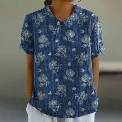 2025 Blusa de verano para mujer, camiseta informal de manga corta con estampado, blusa con cuello de solapa, blusas con botones de tendencia a la moda para mujer