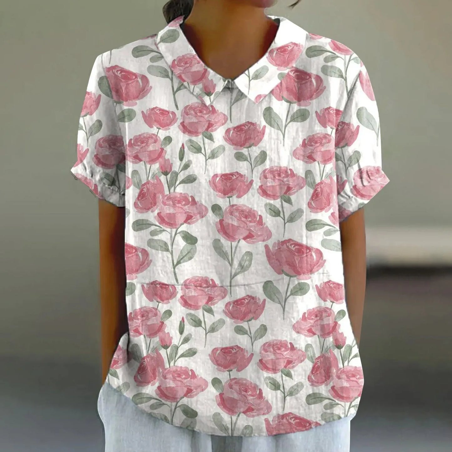 2025 Blusa de verano para mujer, camiseta informal de manga corta con estampado, blusa con cuello de solapa, blusas con botones de tendencia a la moda para mujer