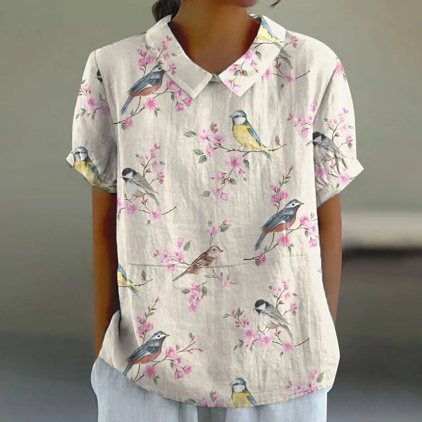 2025 Blusa de verano para mujer, camiseta informal de manga corta con estampado, blusa con cuello de solapa, blusas con botones de tendencia a la moda para mujer