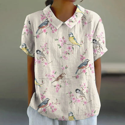 2025 Blusa de verano para mujer, camiseta informal de manga corta con estampado, blusa con cuello de solapa, blusas con botones de tendencia a la moda para mujer