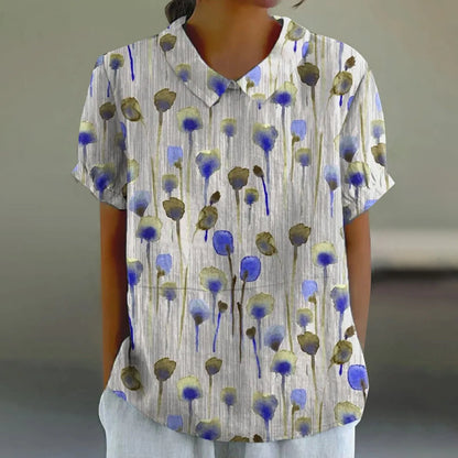 2025 Blusa de verano para mujer, camiseta informal de manga corta con estampado, blusa con cuello de solapa, blusas con botones de tendencia a la moda para mujer