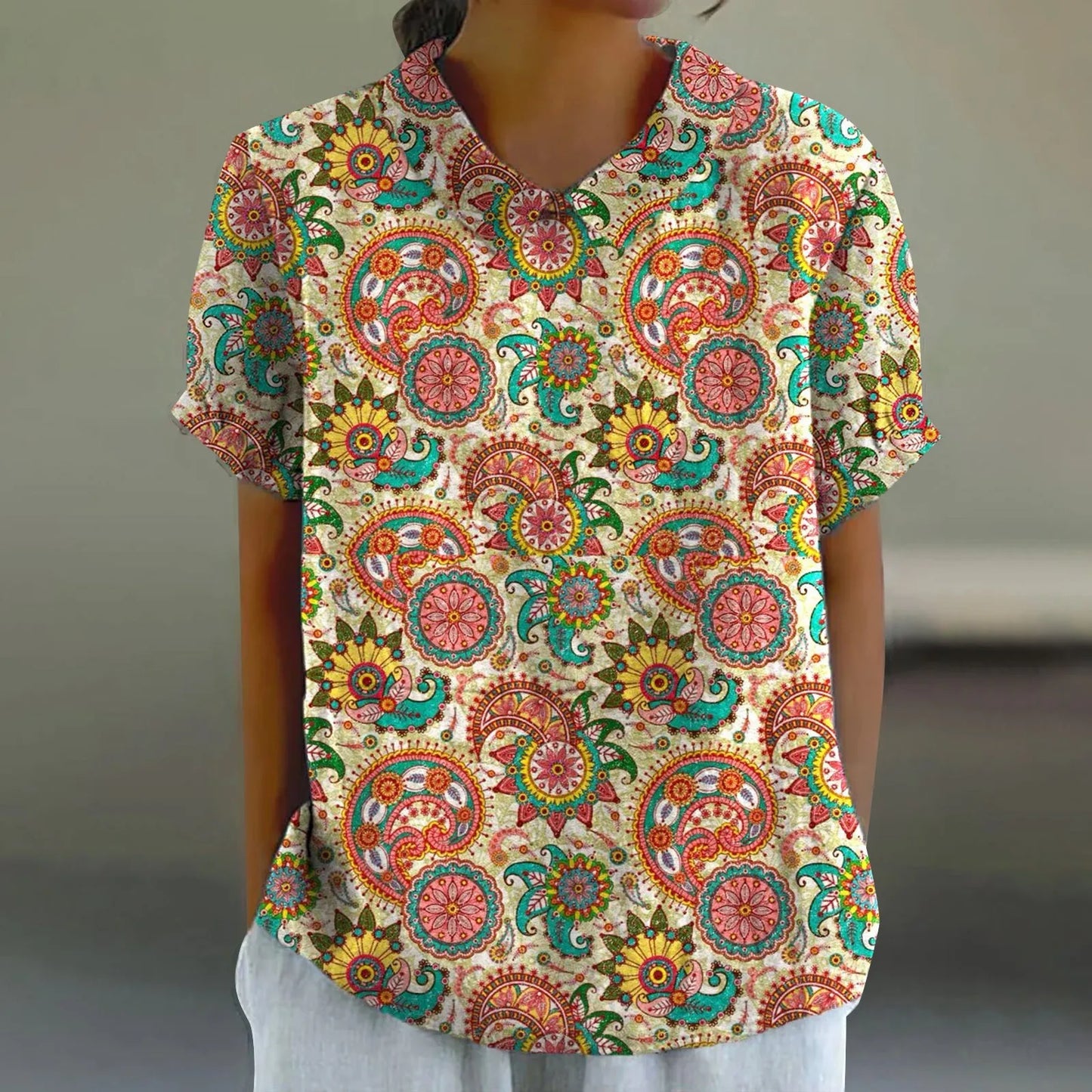 2025 Blusa de verano para mujer, camiseta informal de manga corta con estampado, blusa con cuello de solapa, blusas con botones de tendencia a la moda para mujer