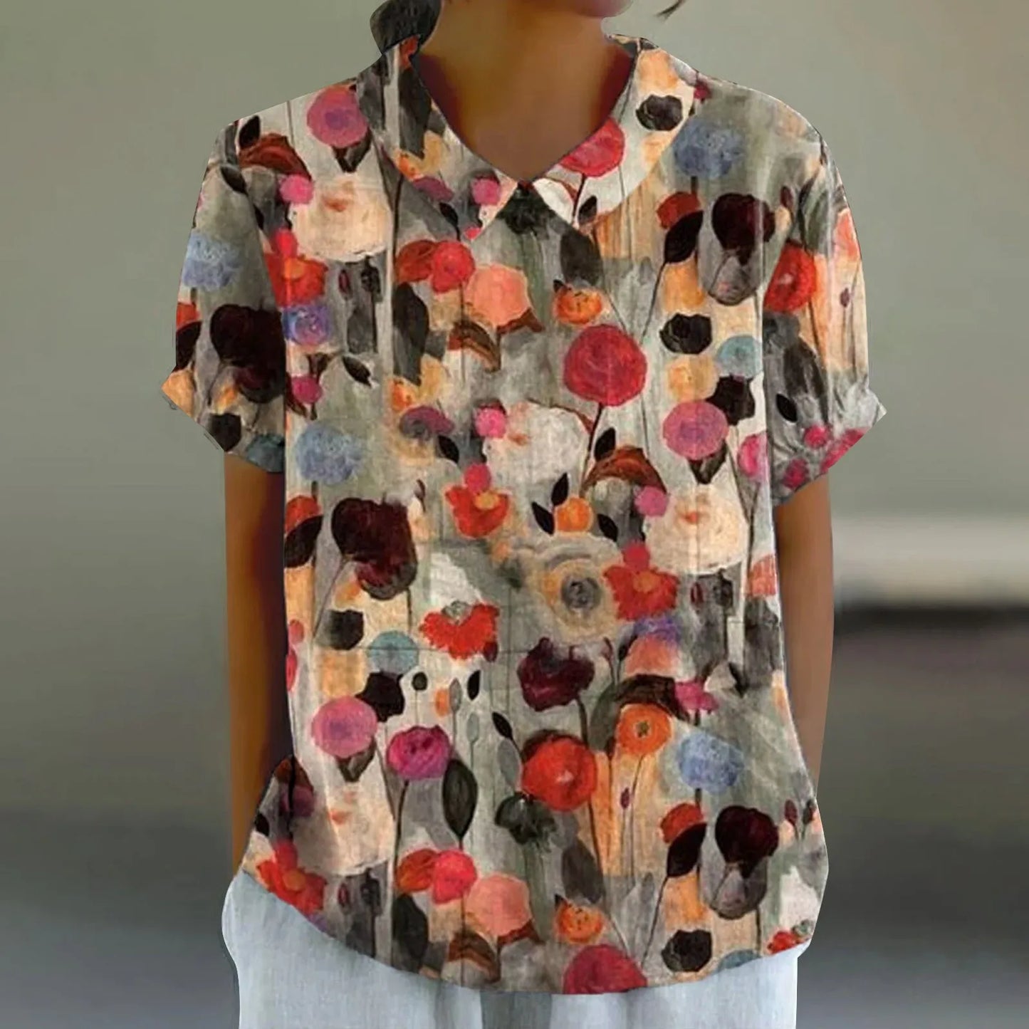 2025 Blusa de verano para mujer, camiseta informal de manga corta con estampado, blusa con cuello de solapa, blusas con botones de tendencia a la moda para mujer