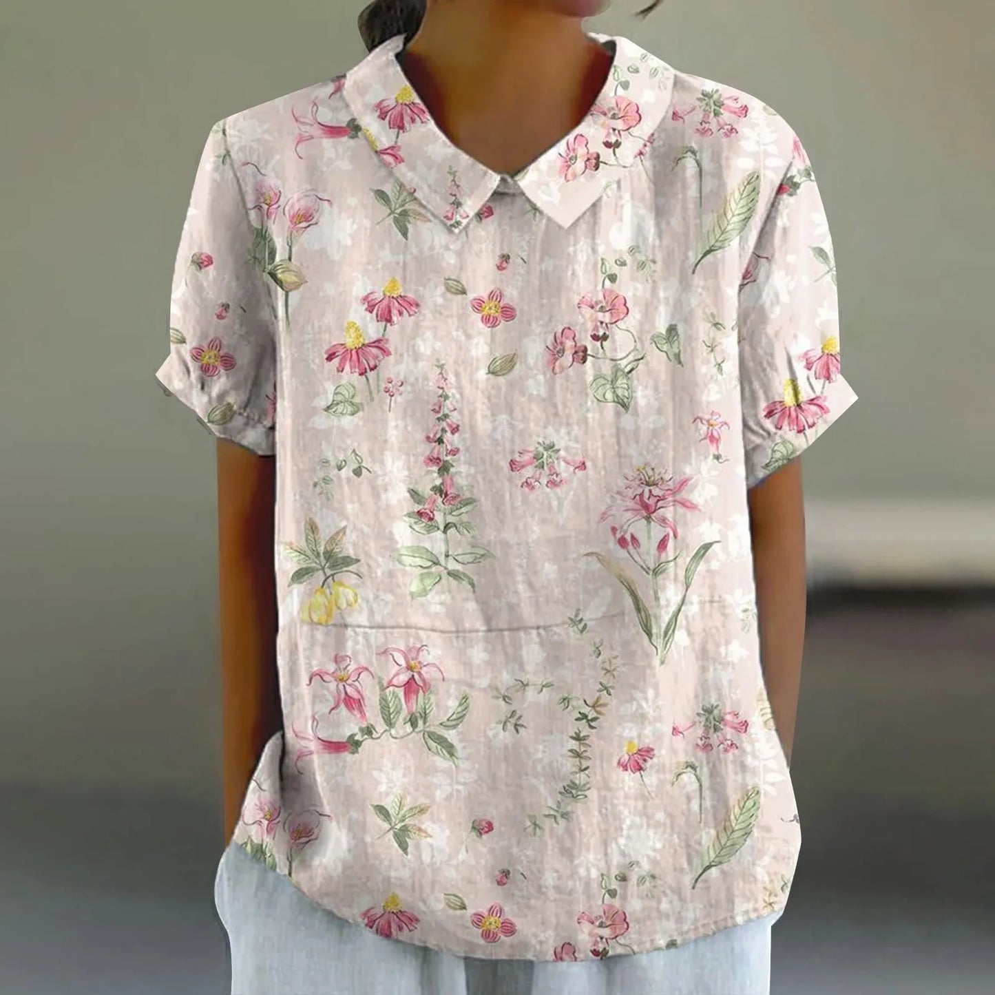 2025 Blusa de verano para mujer, camiseta informal de manga corta con estampado, blusa con cuello de solapa, blusas con botones de tendencia a la moda para mujer
