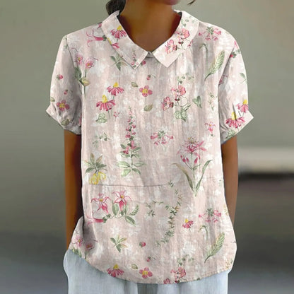 2025 Blusa de verano para mujer, camiseta informal de manga corta con estampado, blusa con cuello de solapa, blusas con botones de tendencia a la moda para mujer