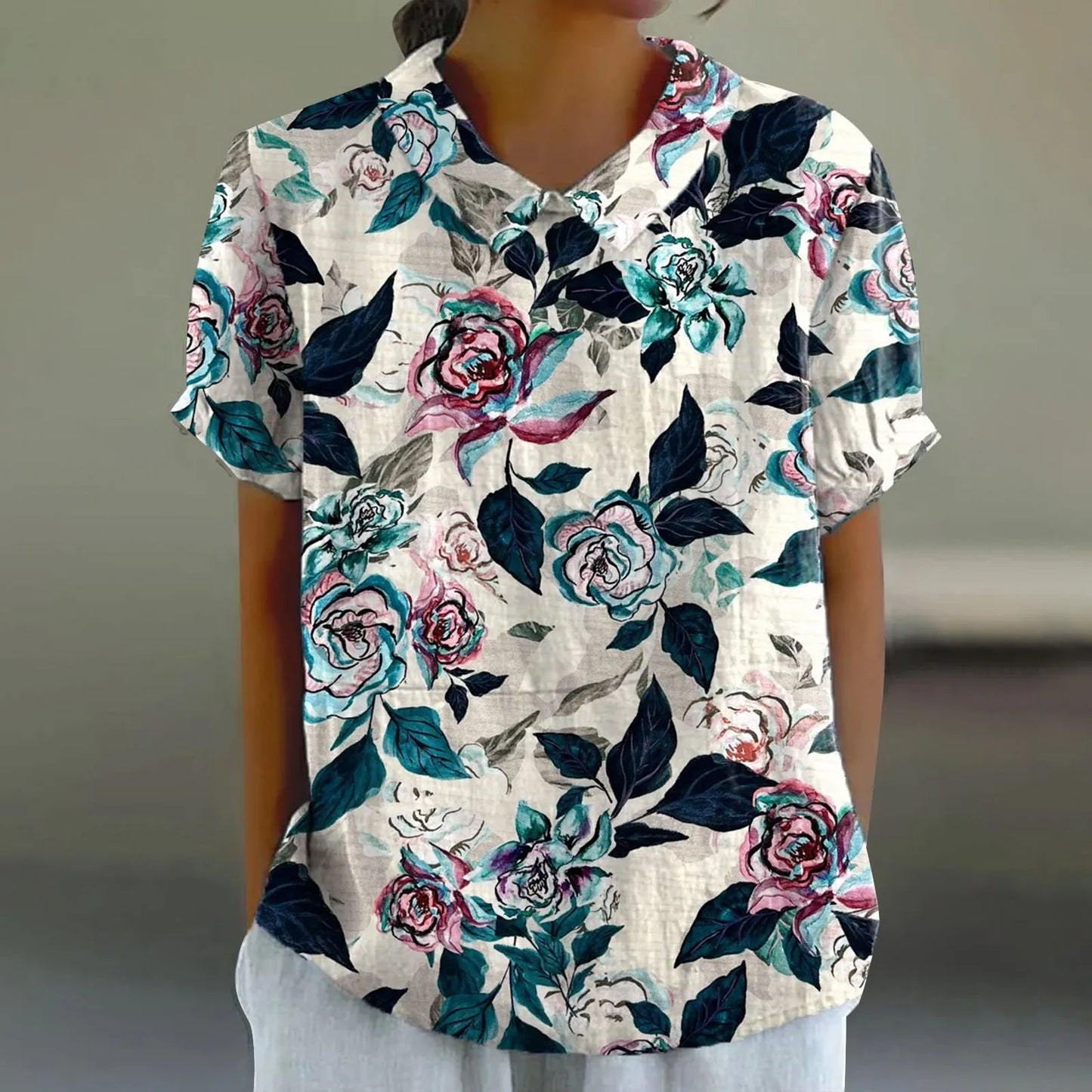 2025 Blusa de verano para mujer, camiseta informal de manga corta con estampado, blusa con cuello de solapa, blusas con botones de tendencia a la moda para mujer