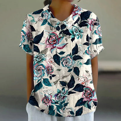 2025 Blusa de verano para mujer, camiseta informal de manga corta con estampado, blusa con cuello de solapa, blusas con botones de tendencia a la moda para mujer