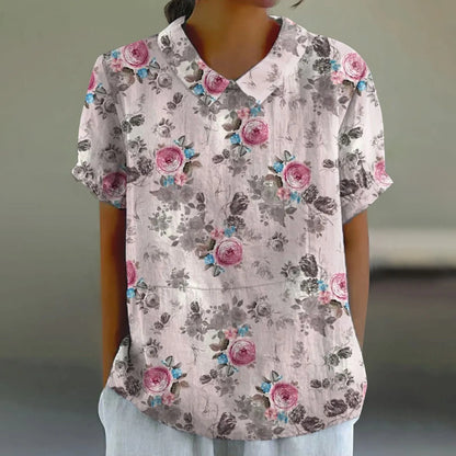 2025 Blusa de verano para mujer, camiseta informal de manga corta con estampado, blusa con cuello de solapa, blusas con botones de tendencia a la moda para mujer