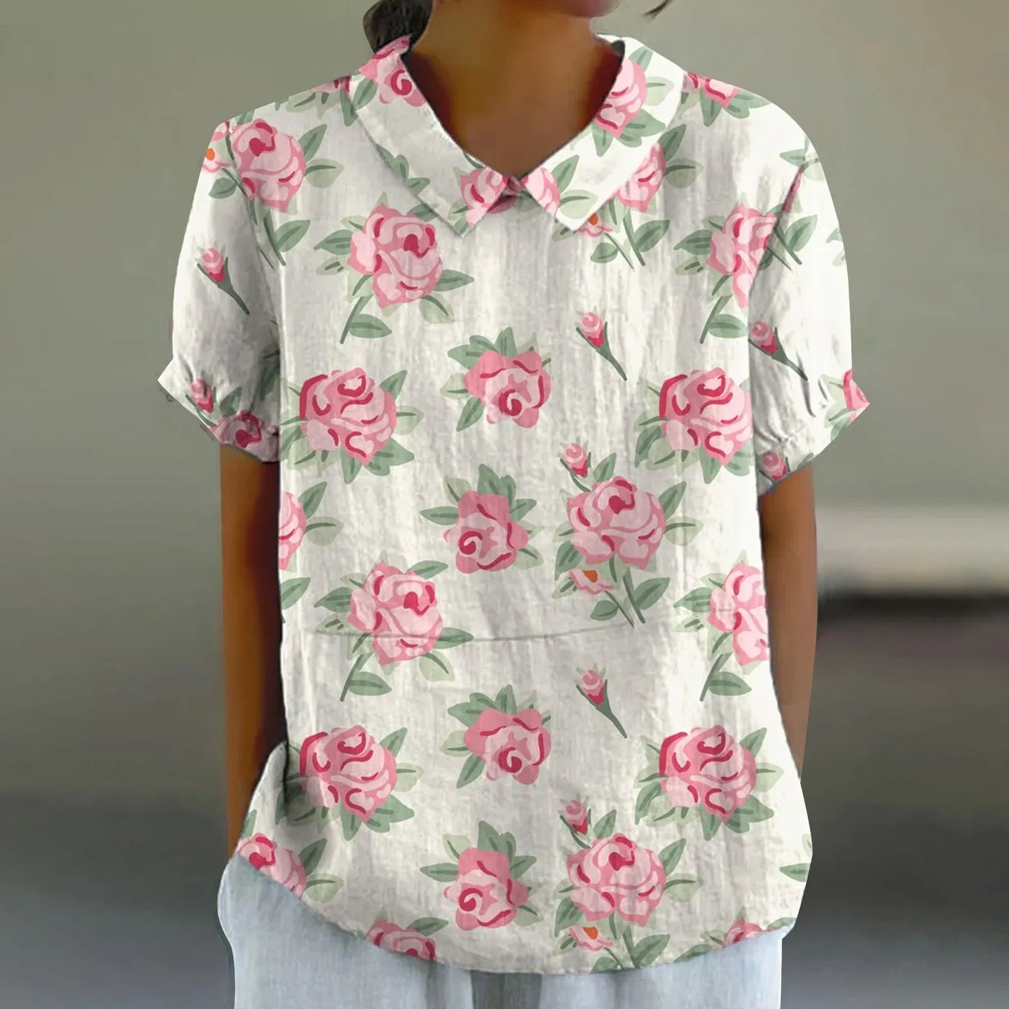 2025 Blusa de verano para mujer, camiseta informal de manga corta con estampado, blusa con cuello de solapa, blusas con botones de tendencia a la moda para mujer