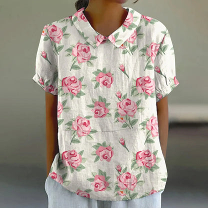 2025 Blusa de verano para mujer, camiseta informal de manga corta con estampado, blusa con cuello de solapa, blusas con botones de tendencia a la moda para mujer