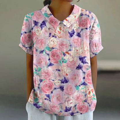2025 Blusa de verano para mujer, camiseta informal de manga corta con estampado, blusa con cuello de solapa, blusas con botones de tendencia a la moda para mujer